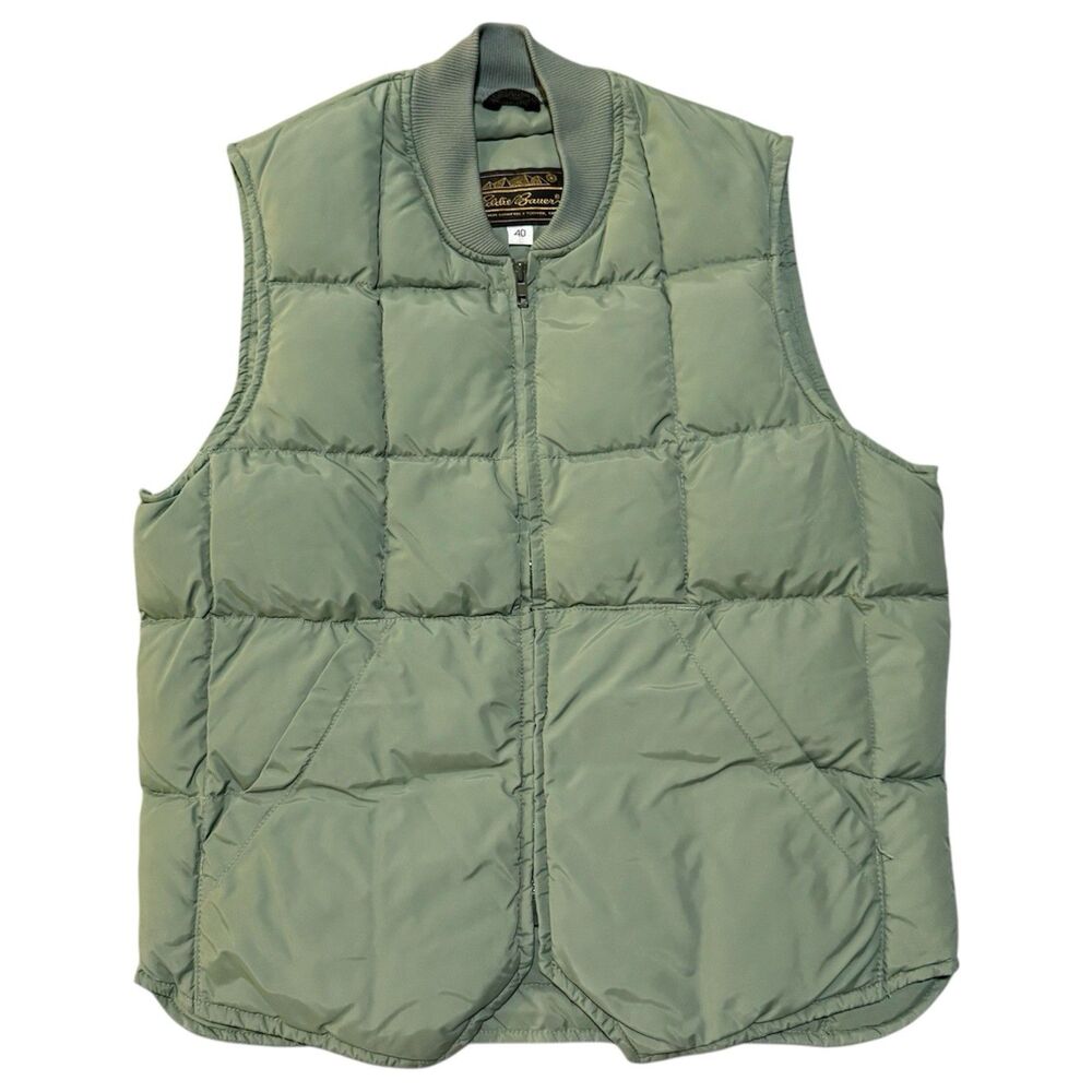 Vintage 70s Eddie Bauer Goose Down Vest Size 40 Medium Green Baffle Box Quilted